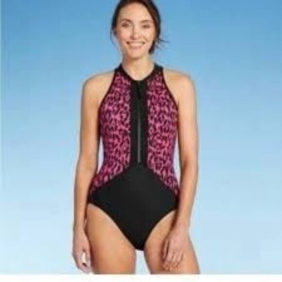 NEW Aqua Green One Piece Animal Print Swimwear Women’s Size 18W Pink Black Cheet - Picture 1 of 6